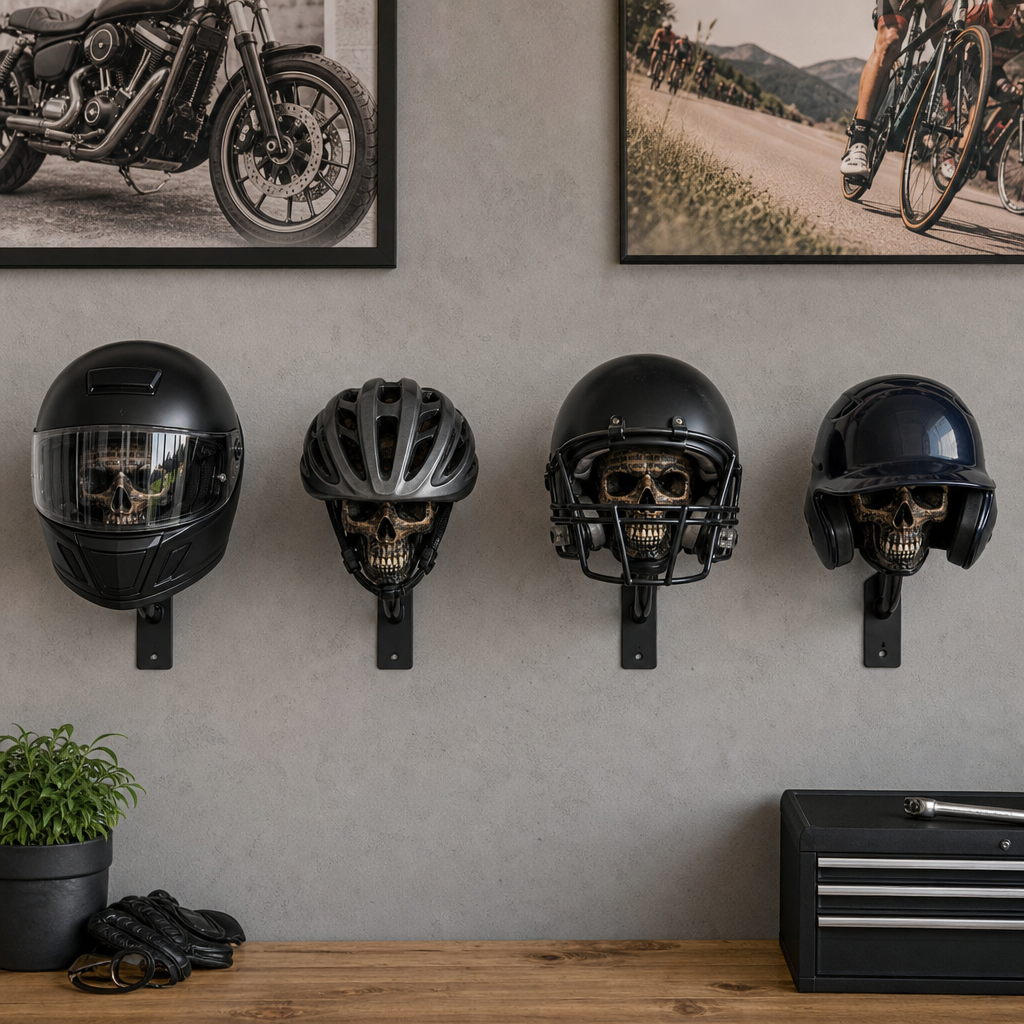 💀Skull Motorcycle Helmet Holder – Punk Skull Wall Mount Rack for Helmets, Jackets & Garage Decor