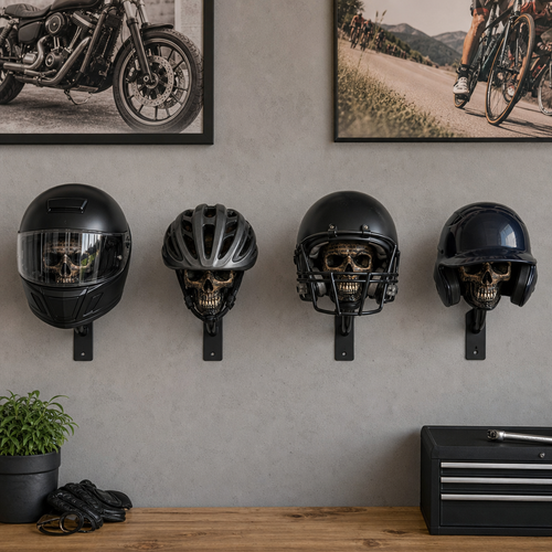 💀Skull Motorcycle Helmet Holder – Punk Skull Wall Mount Rack for Helmets, Jackets & Garage Decor