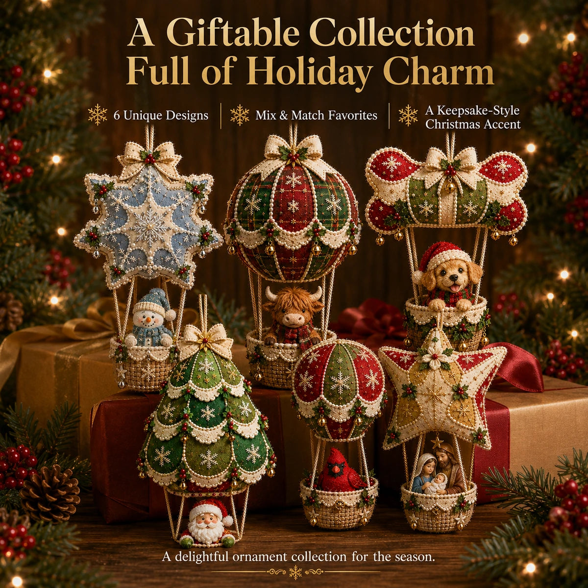 Giftable collection of Christmas hot air balloon ornaments