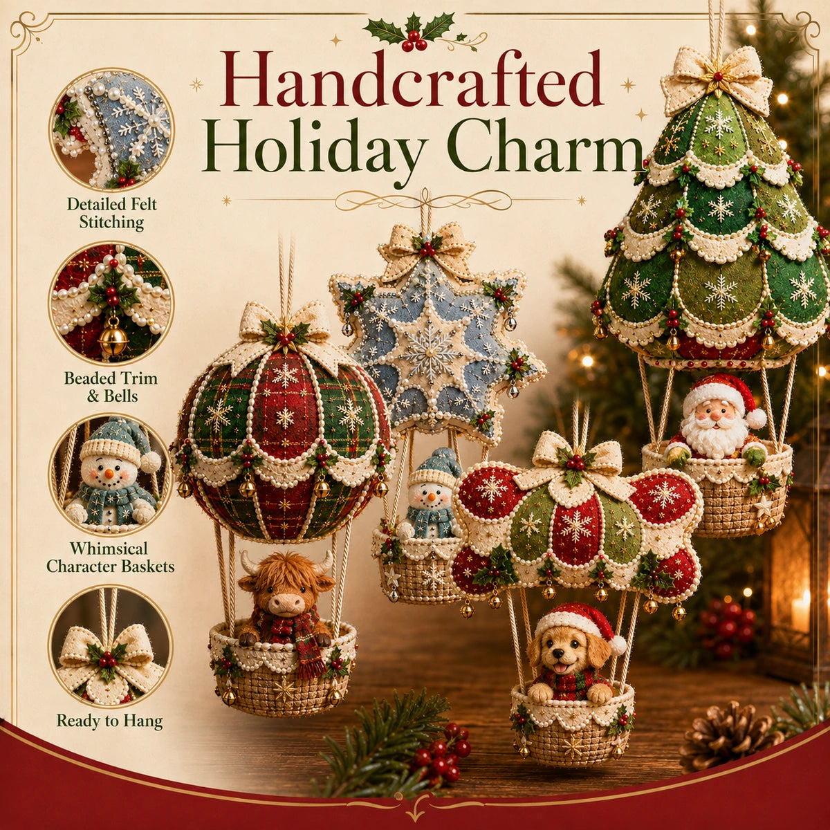 Handcrafted holiday charm ornament details
