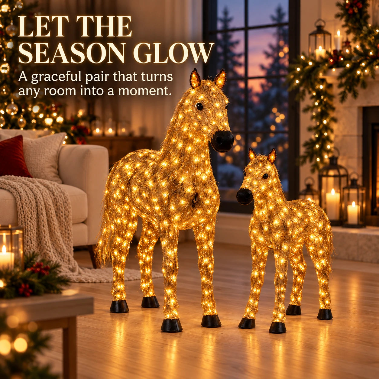 Illuminated holiday horse pair displayed in a festive living room