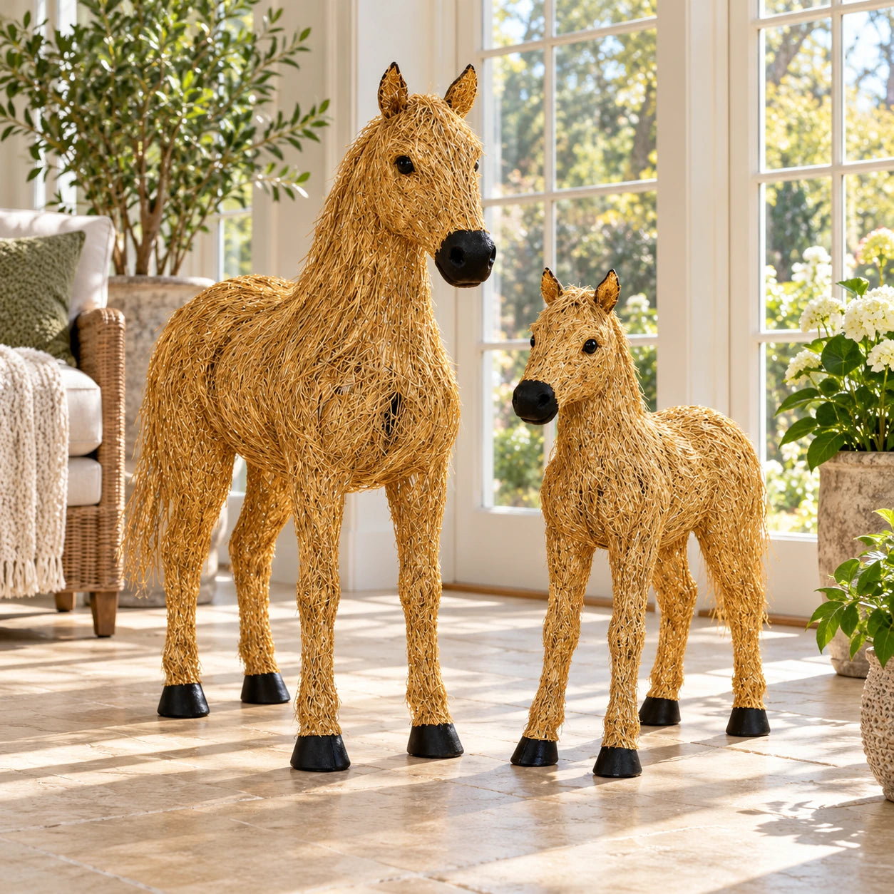 Unlit woven horse pair displayed in a bright sunlit room