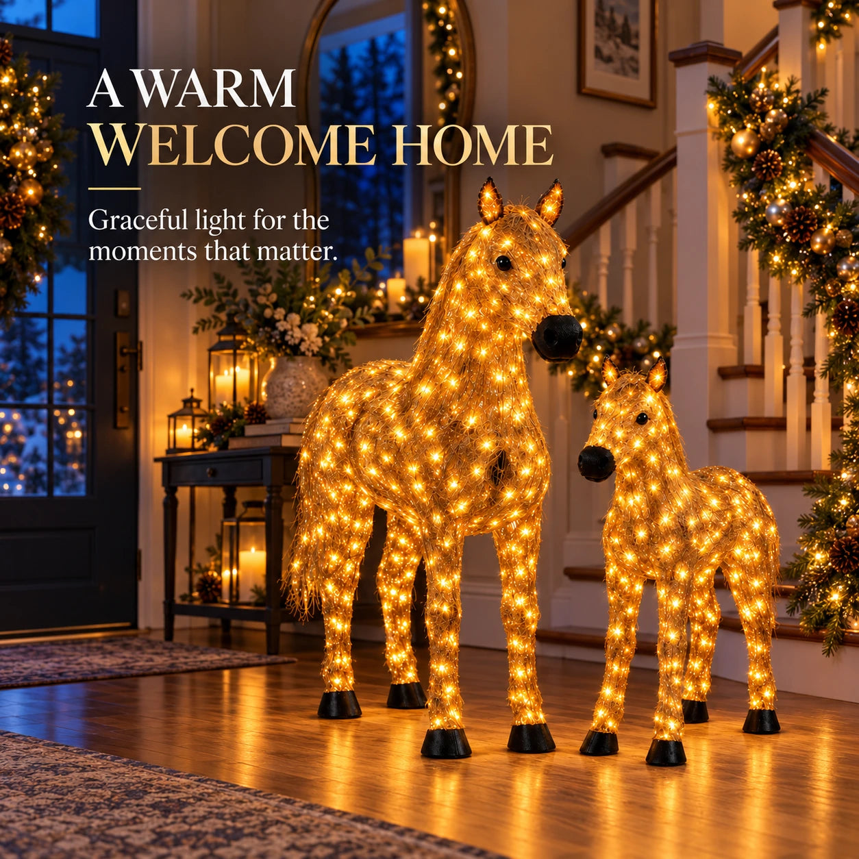 Illuminated horse pair near a staircase and front entry