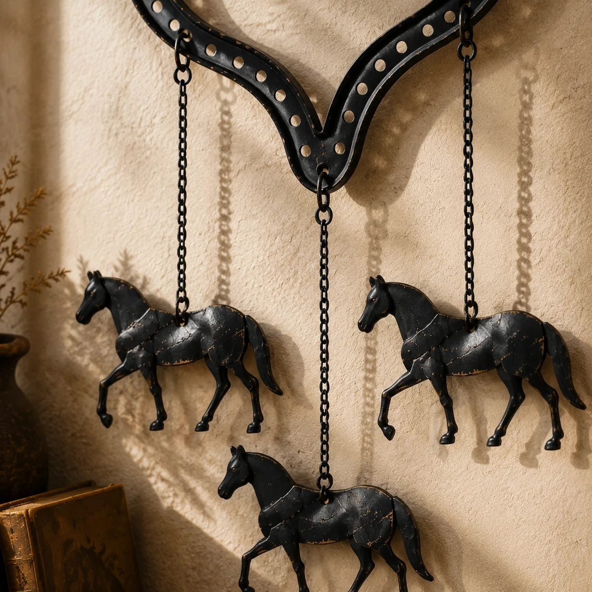 Close-up weathered black metal finish on horse wall decor