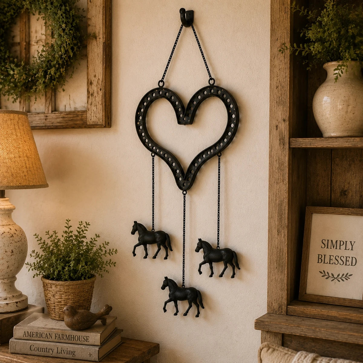 Rustic heart horse hanging decor in a farmhouse interior