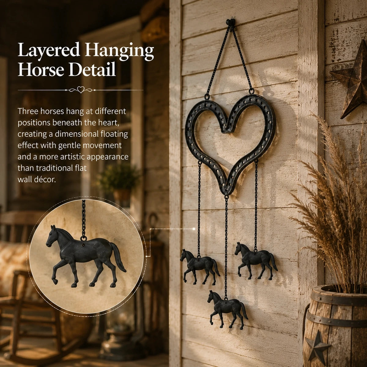 Layered hanging horse details beneath rustic heart frame