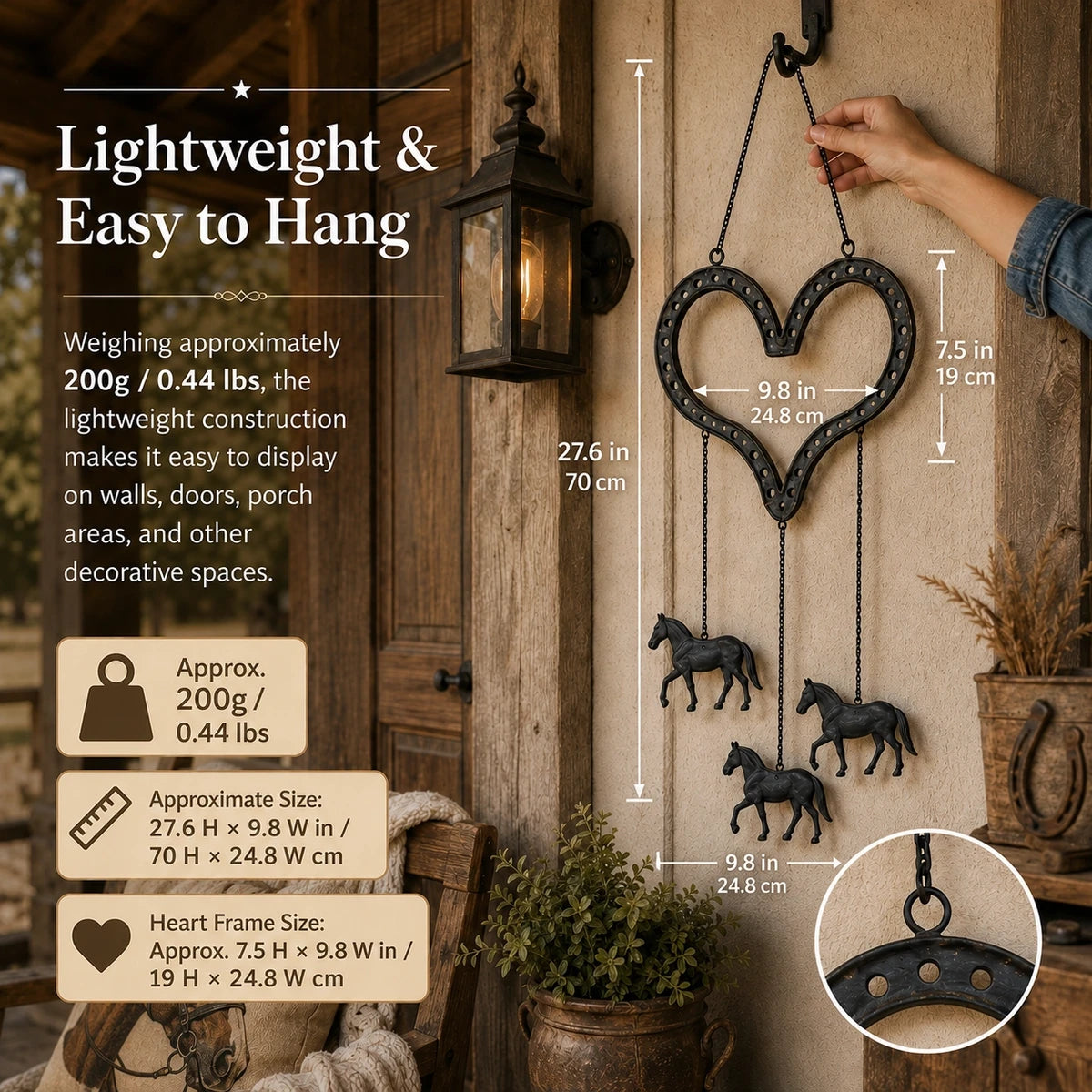 Size and weight guide for rustic heart horse hanging decor