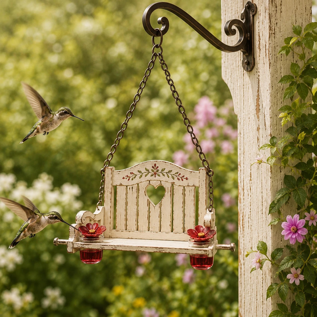 Two hummingbirds visiting the swing feeder