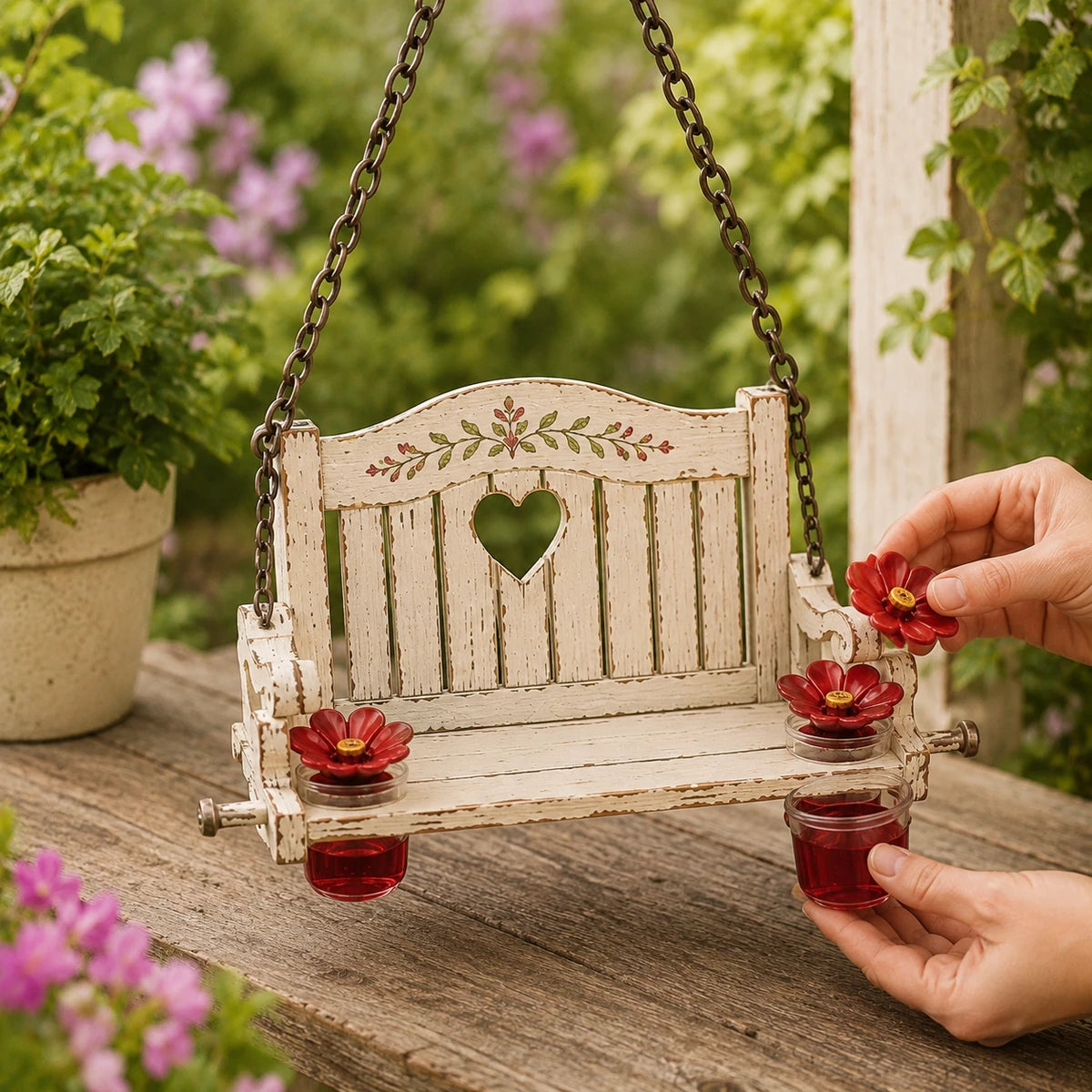 Hands removing feeder flower and nectar cup for refill