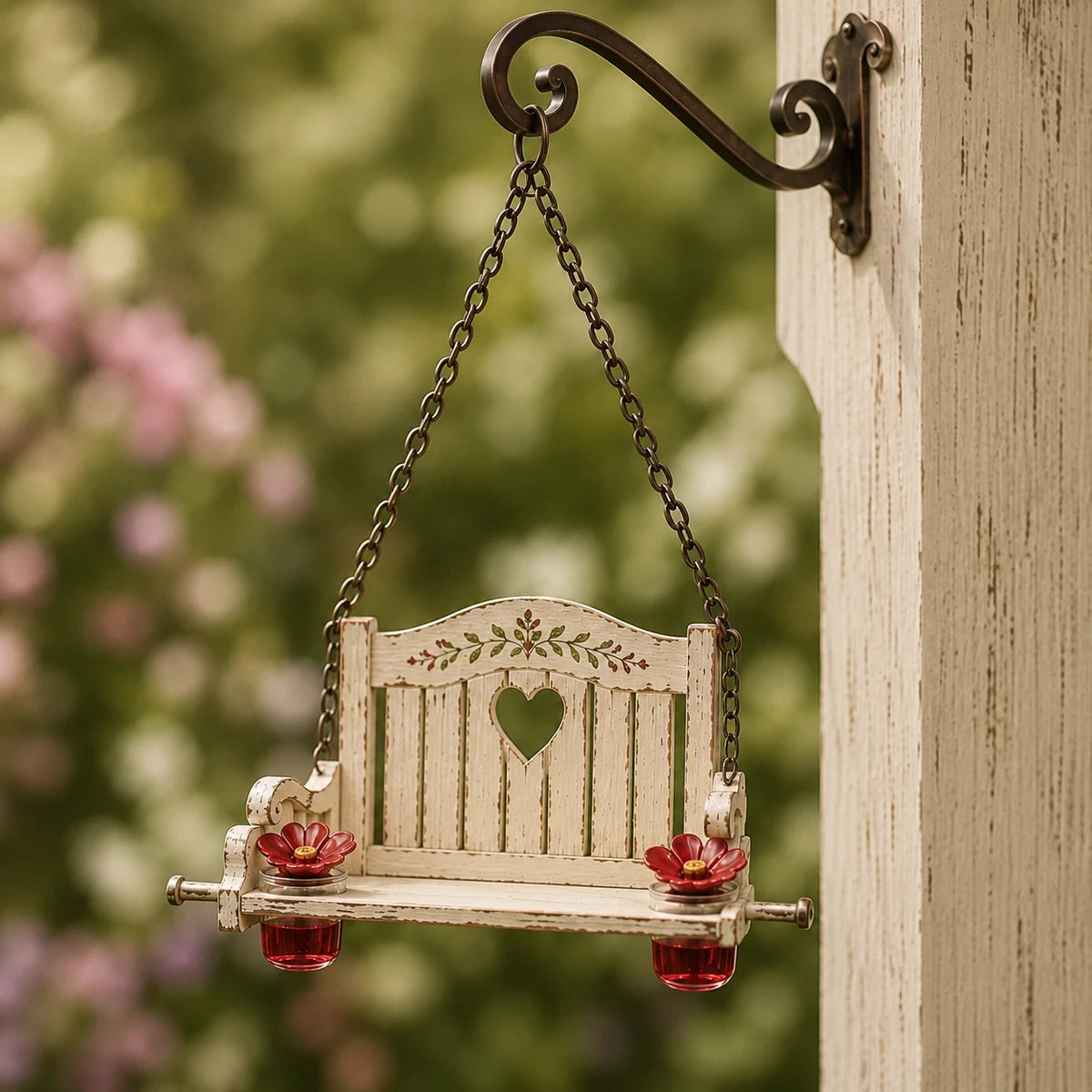 Clean front view of hanging hummingbird swing feeder