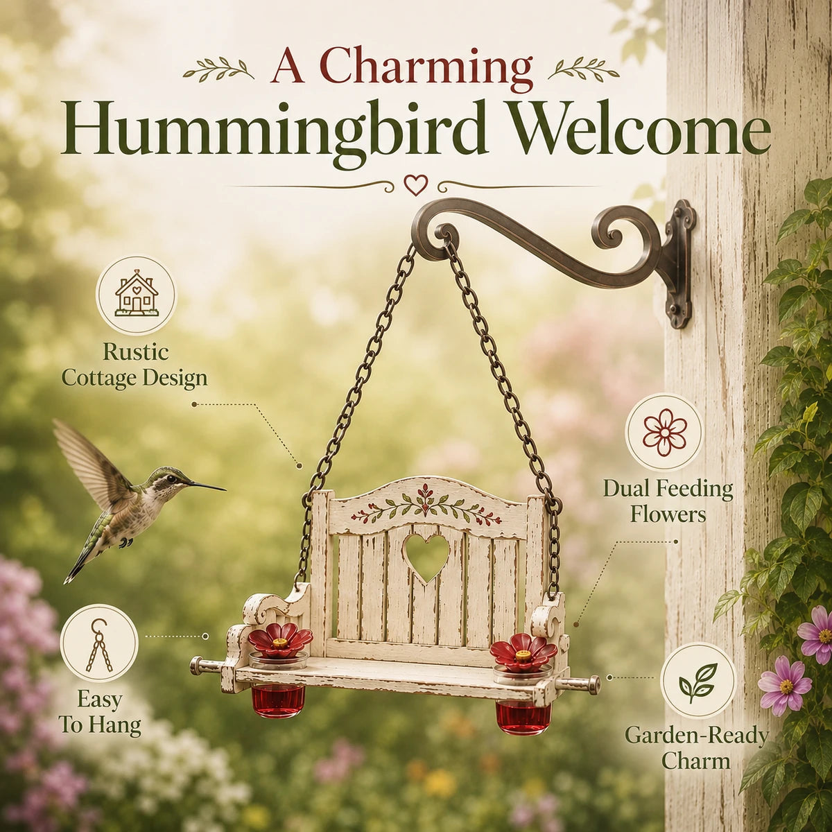 Feature overview of hummingbird porch swing feeder
