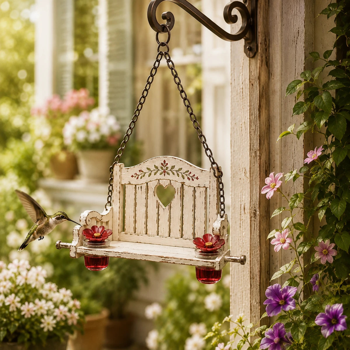 Hummingbird approaching rustic porch swing feeder