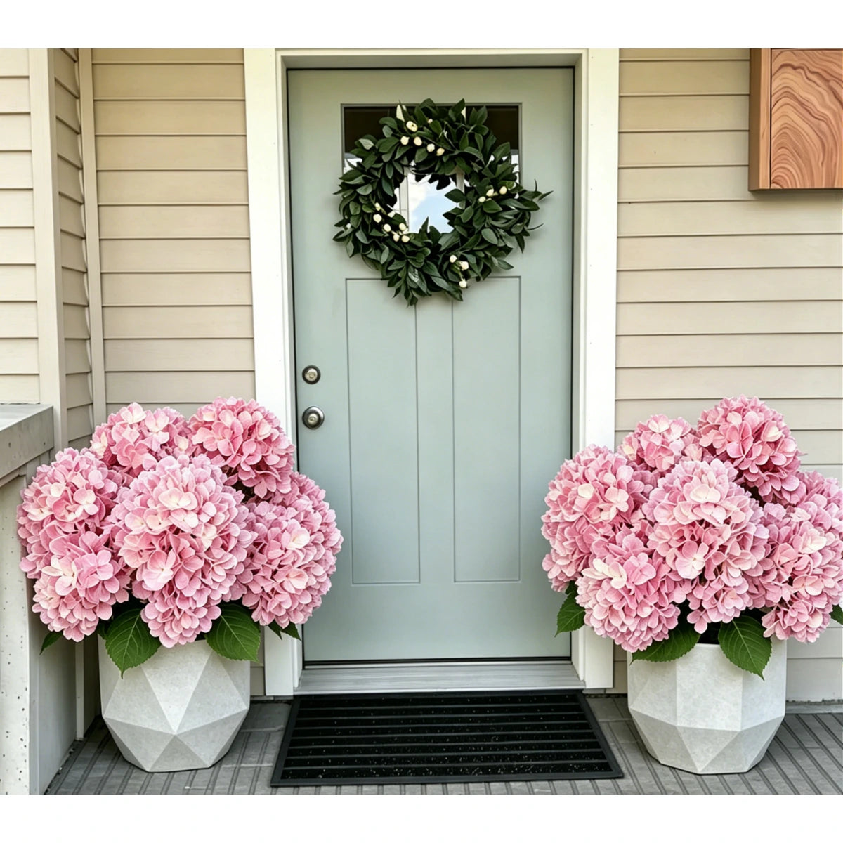 Pink hydrangea flowers by a front door