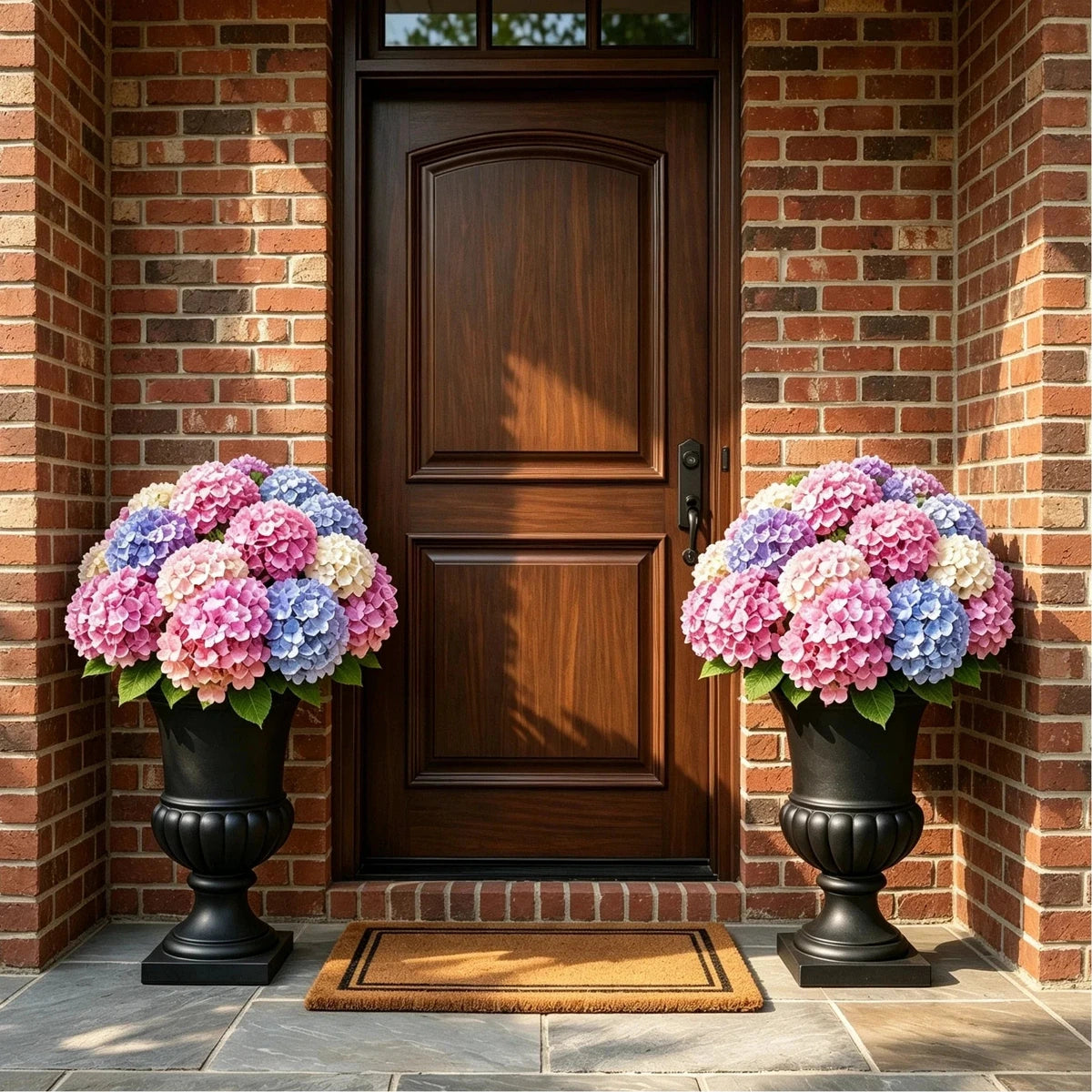 Artificial hydrangea flowers styled on a brick front porch