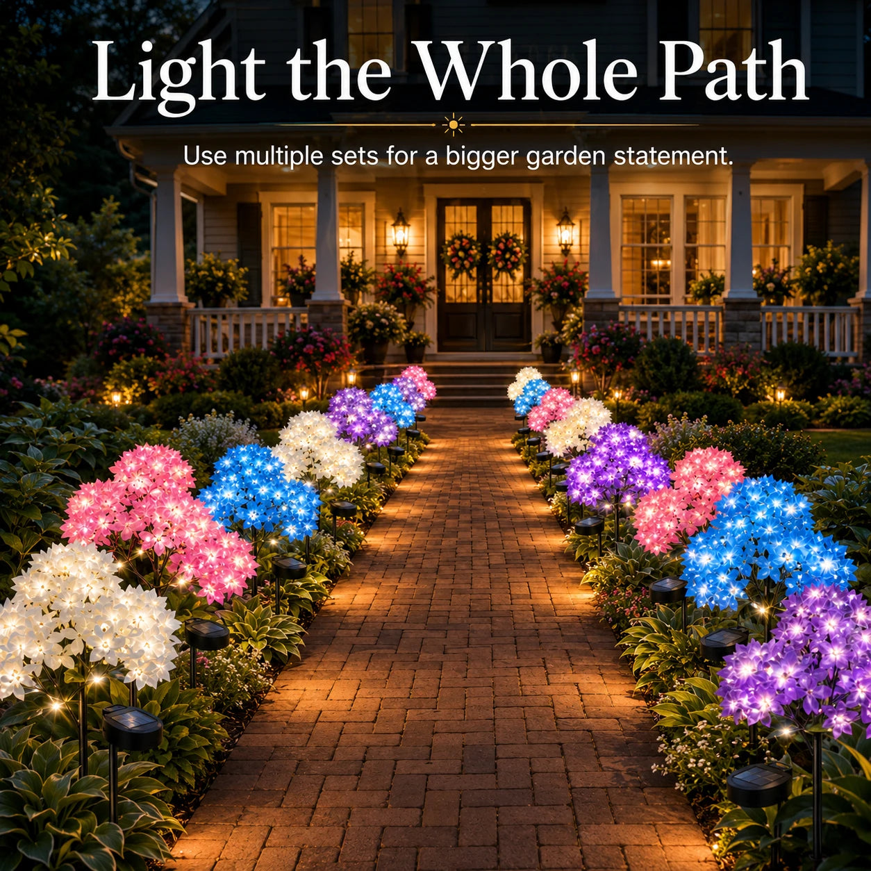 Multiple hydrangea lights lining an entire garden path
