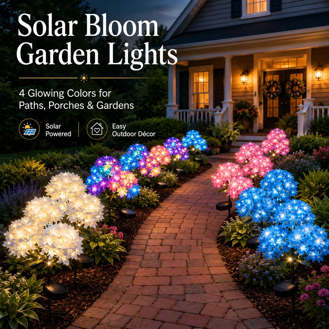 Solar hydrangea garden lights glowing along a front garden path