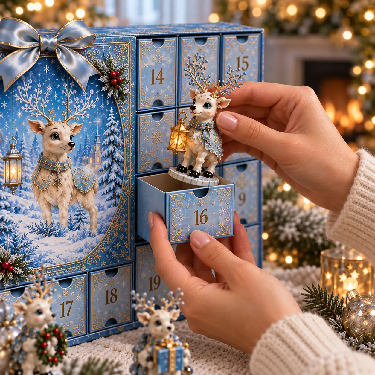 Opening a numbered drawer to reveal an ice reindeer collectible