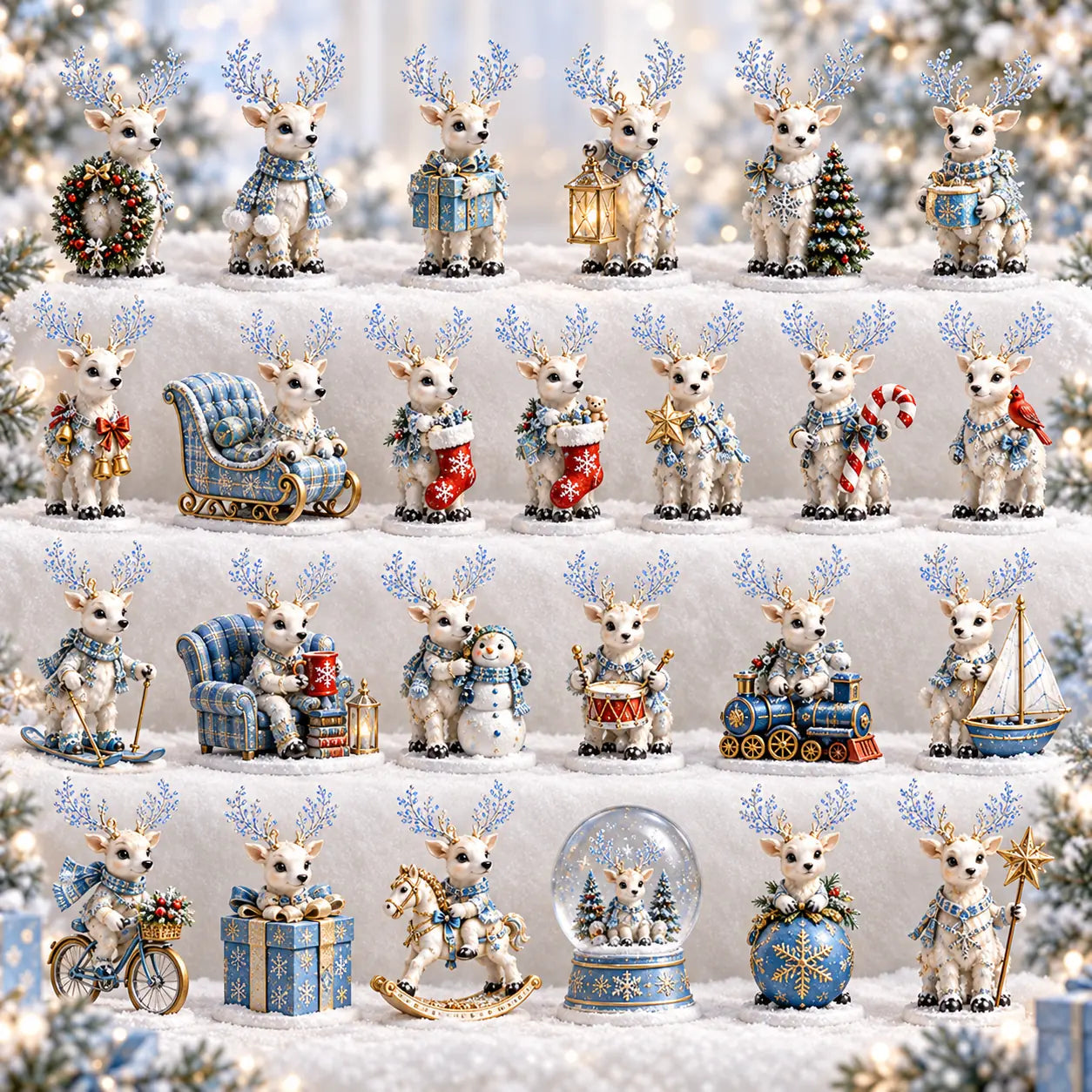 Twenty-four unique ice reindeer Christmas collectible designs