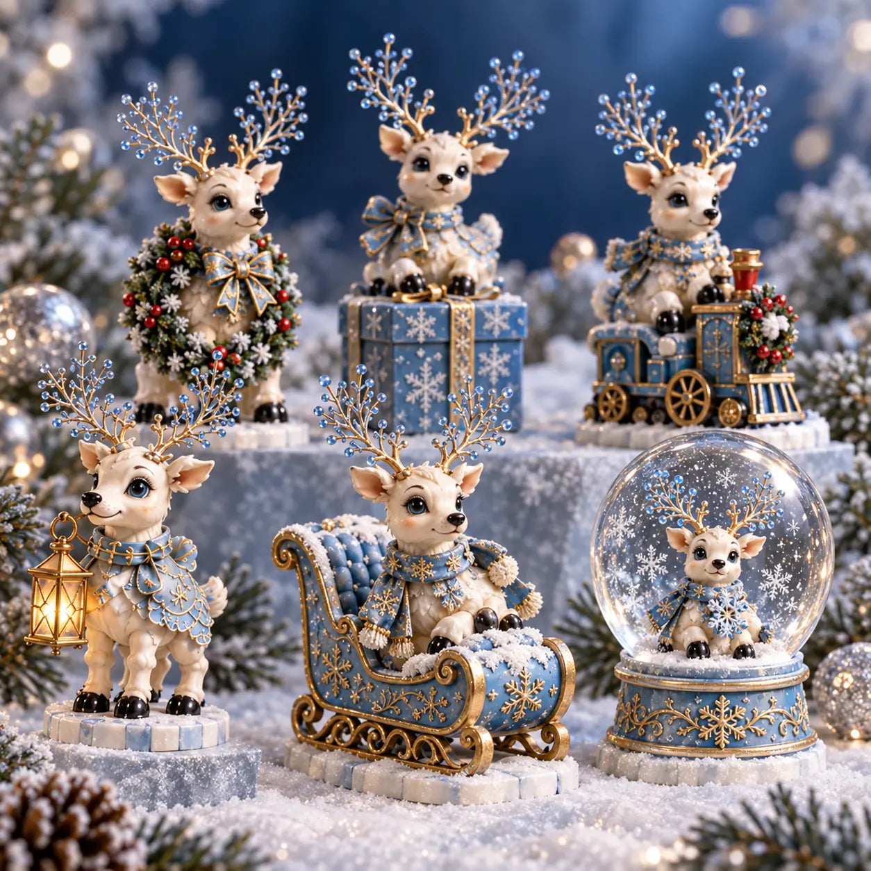 Close-up of blue, white and gold ice reindeer collectible details