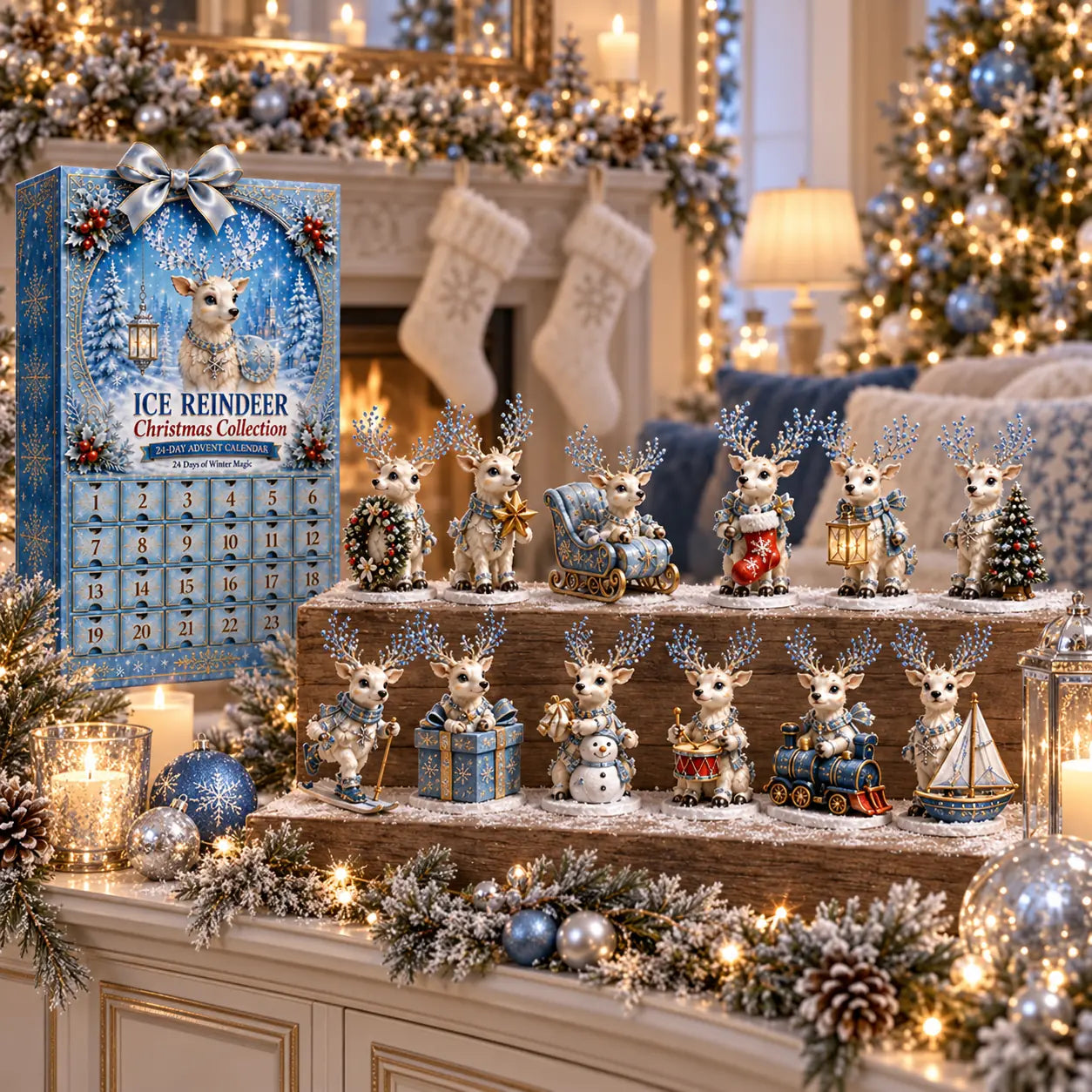 Ice reindeer Christmas collection displayed on a festive mantel