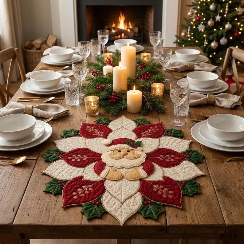 🎄 Christmas Santa & Poinsettia Quilted Table Collection