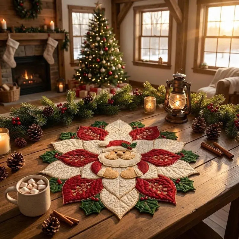 🎄 Christmas Santa & Poinsettia Quilted Table Collection