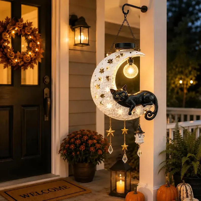 🎁🐱Lighted Crescent Moon Black Cat Halloween Decor