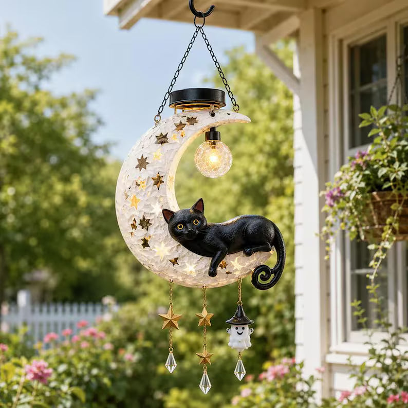 🎁🐱Lighted Crescent Moon Black Cat Halloween Decor