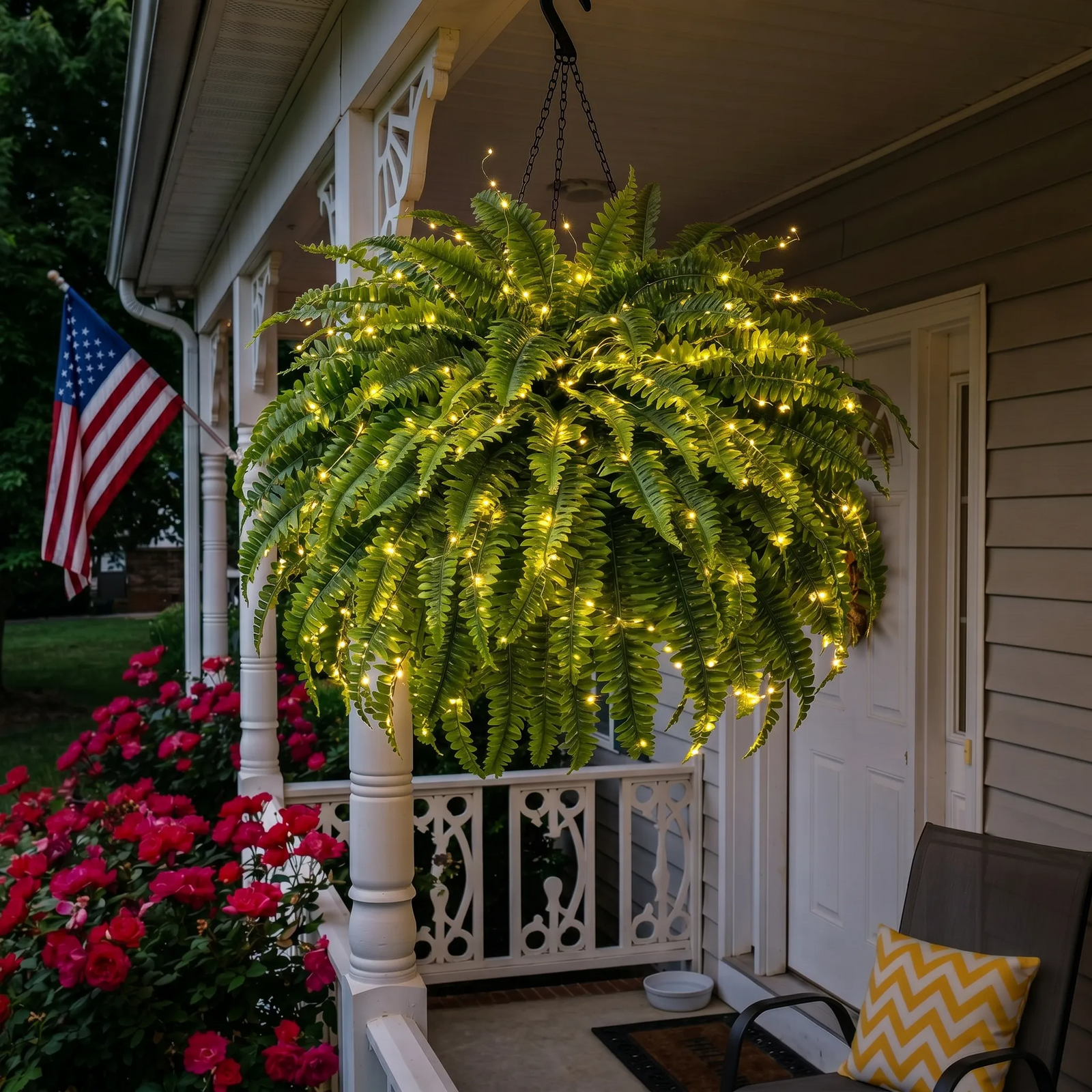 Glowing Boston fern on porch at night