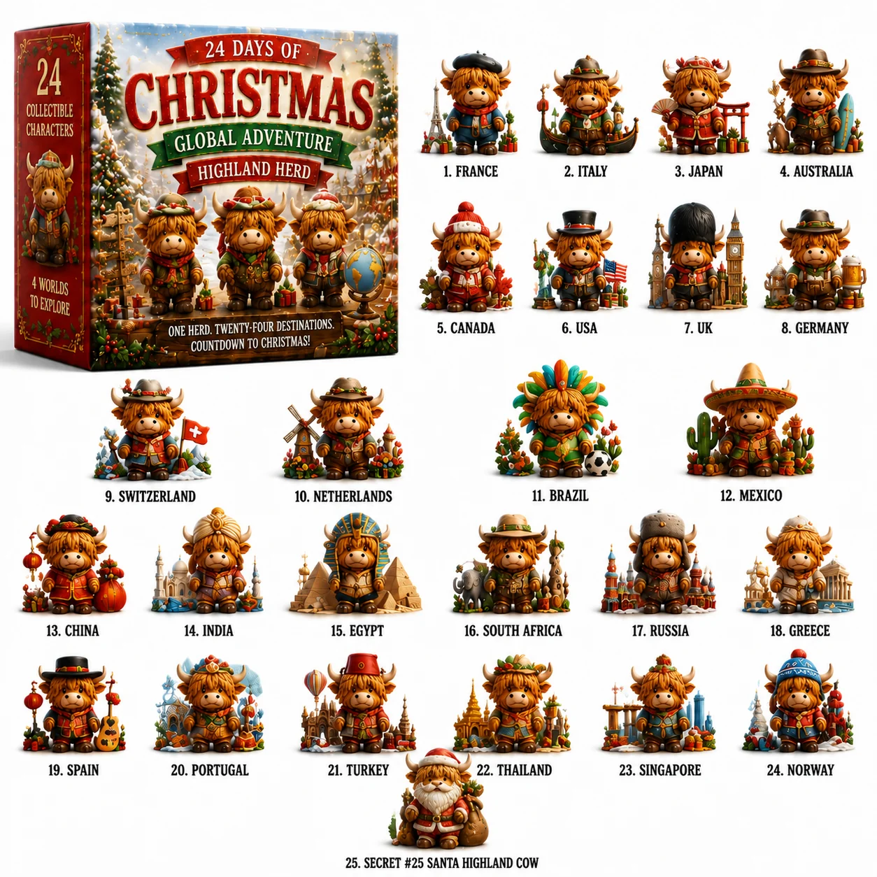 🎄24 Days Christmas Advent Calendar | Global Highland Cow Collectible Figurines Set