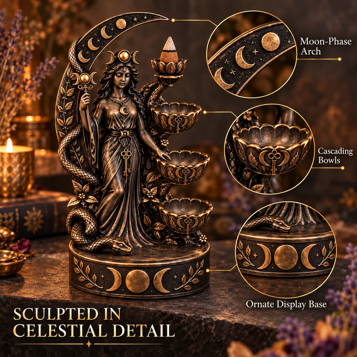 Celestial details of a backflow incense burner