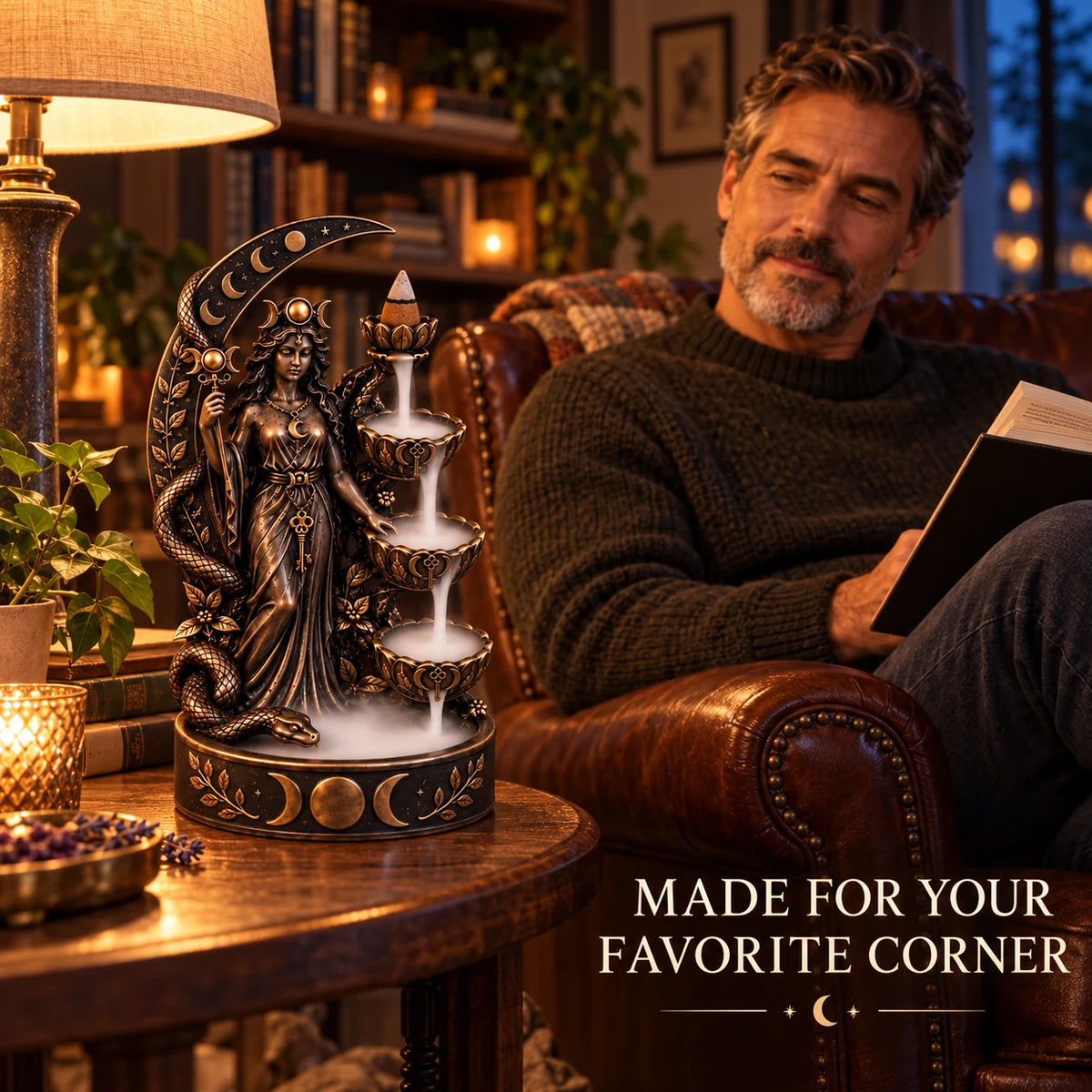 Dark celestial incense burner beside a reading chair