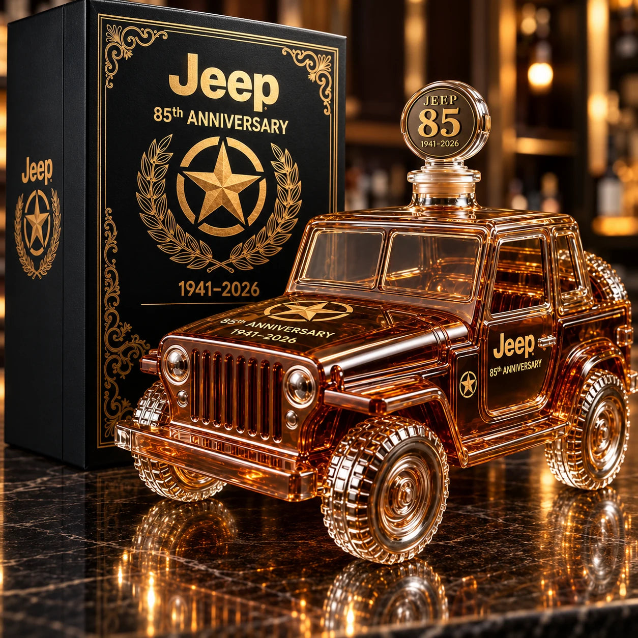 Close view of vehicle shaped anniversary decanter beside its black and gold collector box