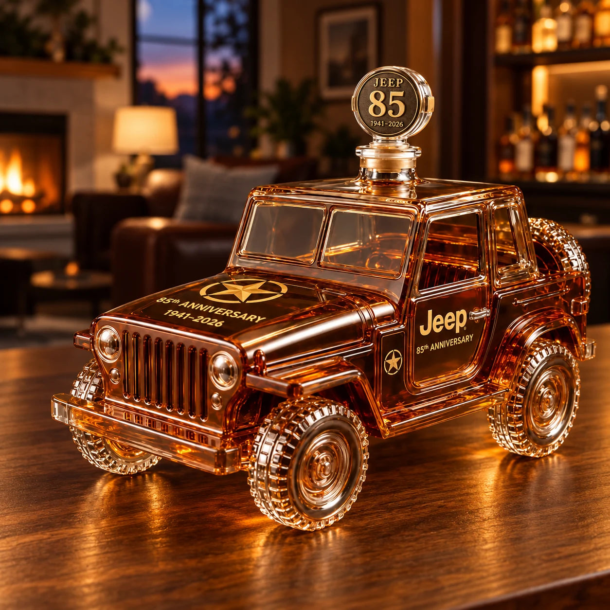 Off road vehicle shaped amber decanter displayed as a home bar centerpiece