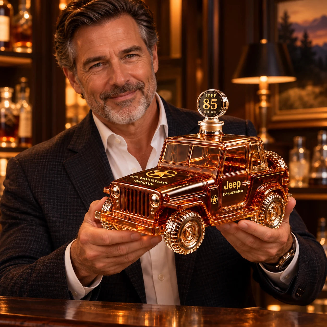 Man holding an 85th anniversary vehicle shaped collector decanter in a warm home bar setting