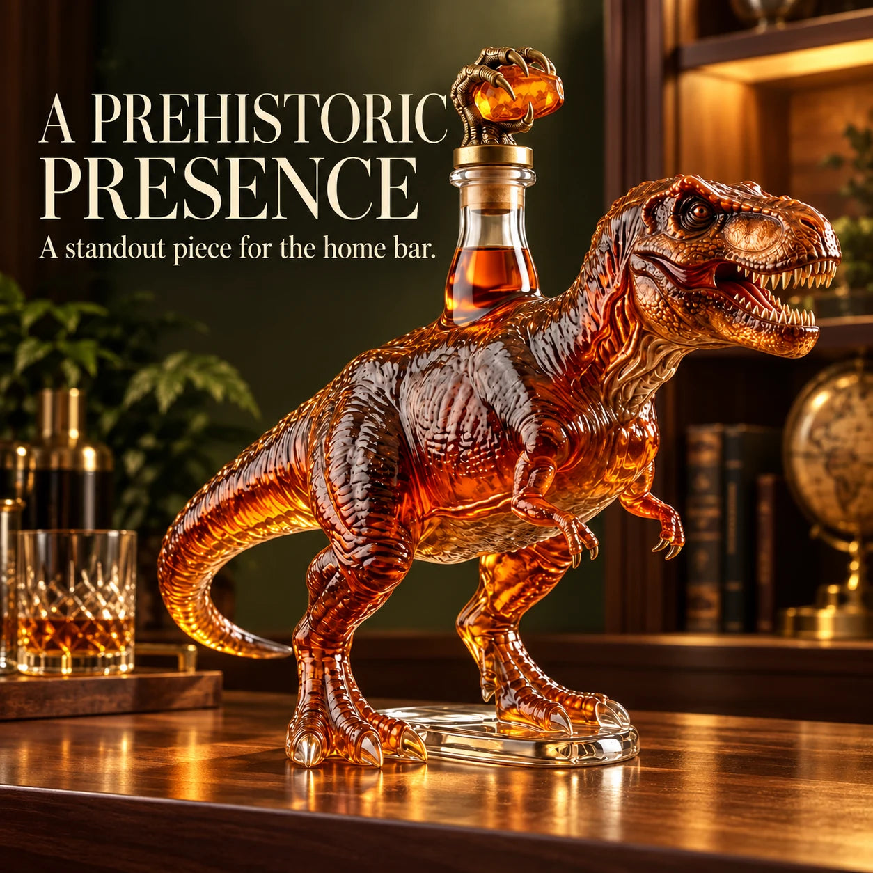 Dinosaur shaped decanter displayed on a home bar table