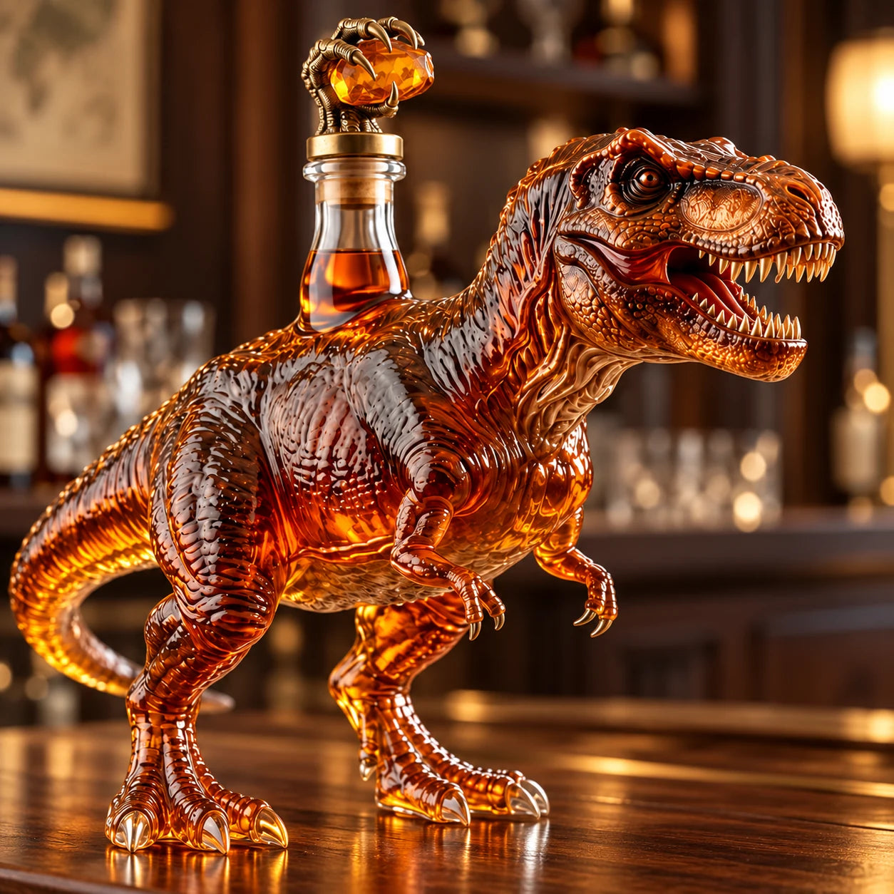 Close up of a dinosaur shaped amber decanter on a bar counter