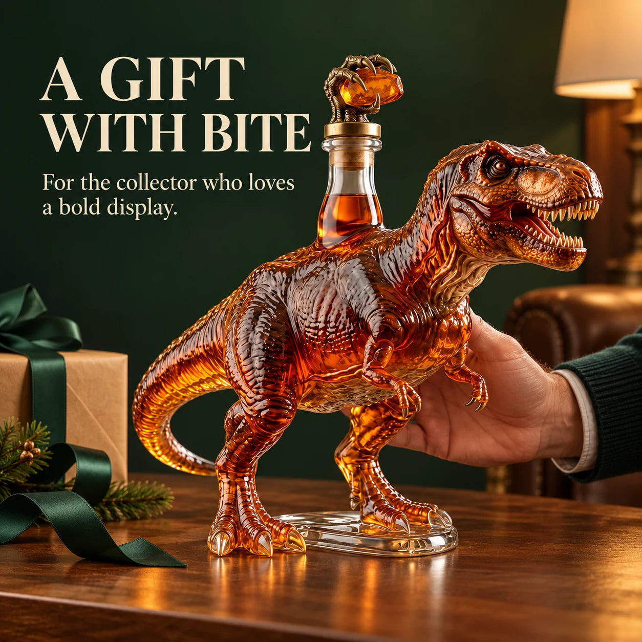 Dinosaur shaped decanter presented as a gift on a tabletop
