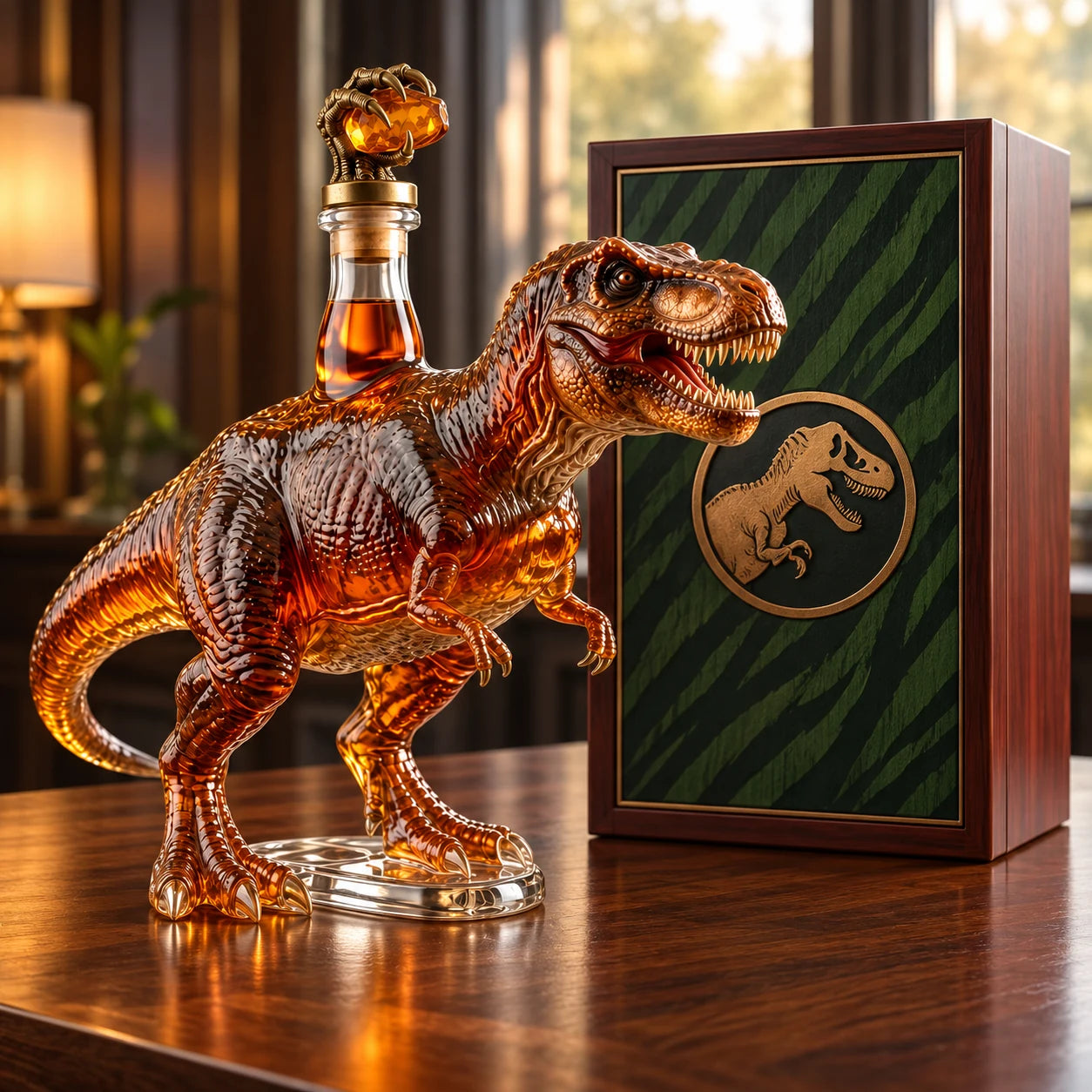 Dinosaur decanter displayed beside its presentation box