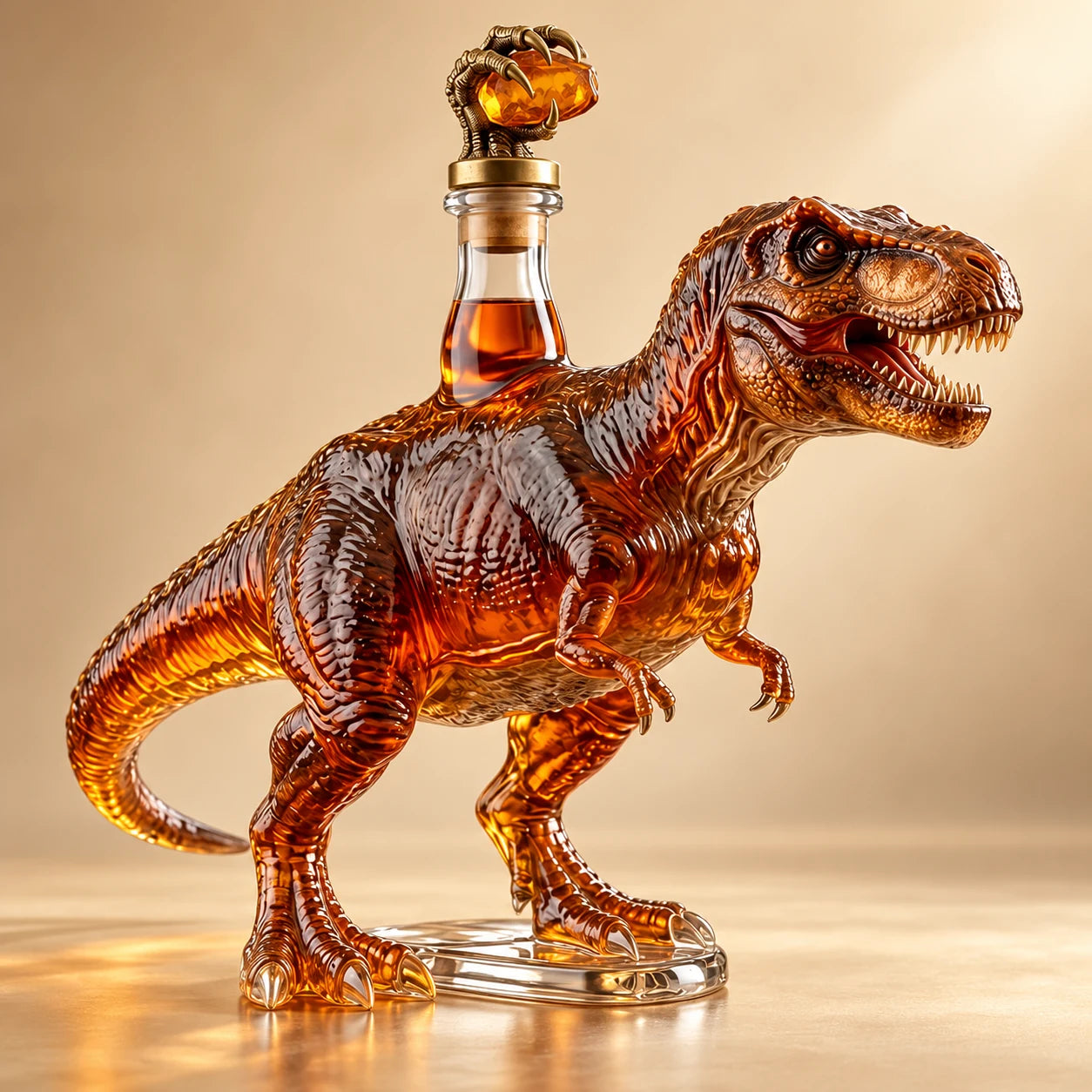 Clean studio style product image of a dinosaur shaped decanter
