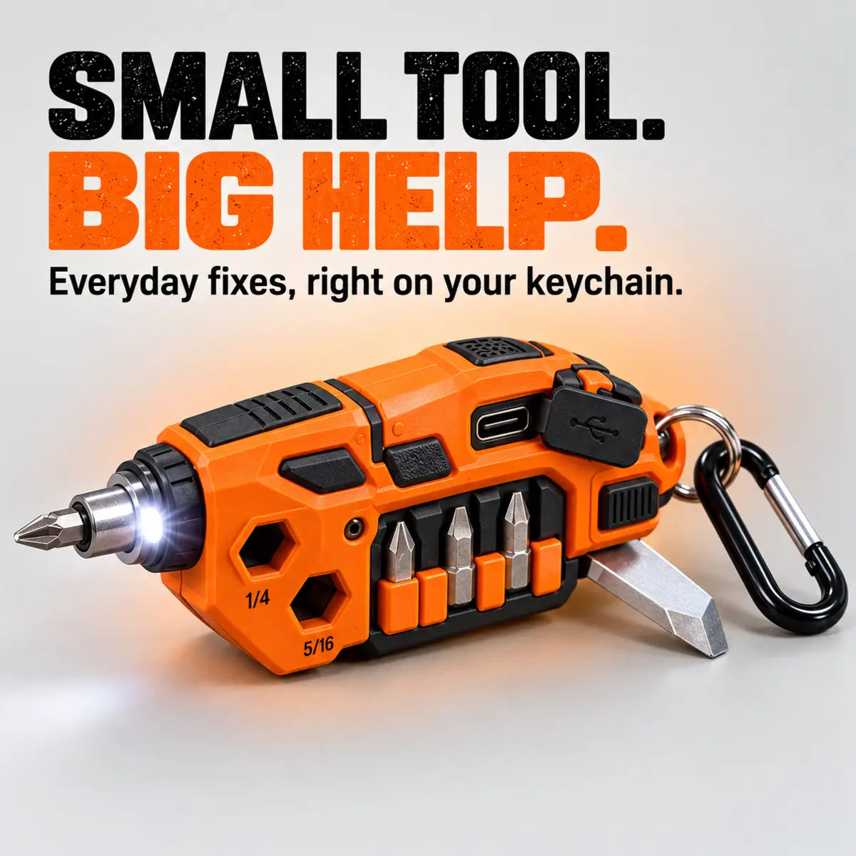 Compact keychain multi-tool with LED light and onboard bits