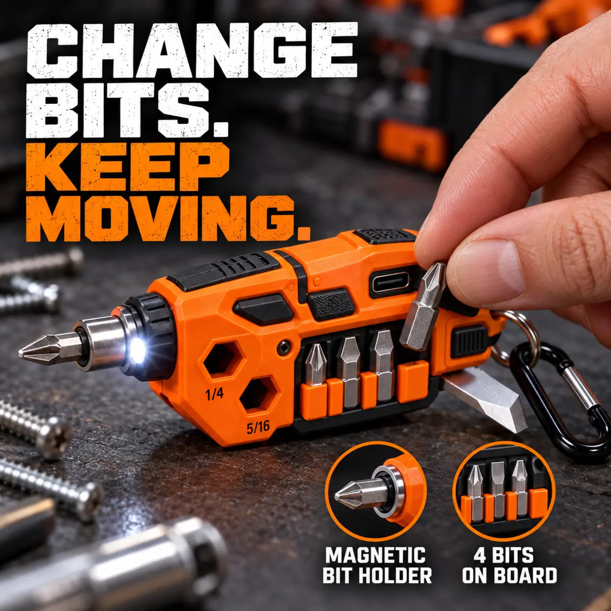 Close-up of the keychain tool with swappable bits and magnetic bit holder