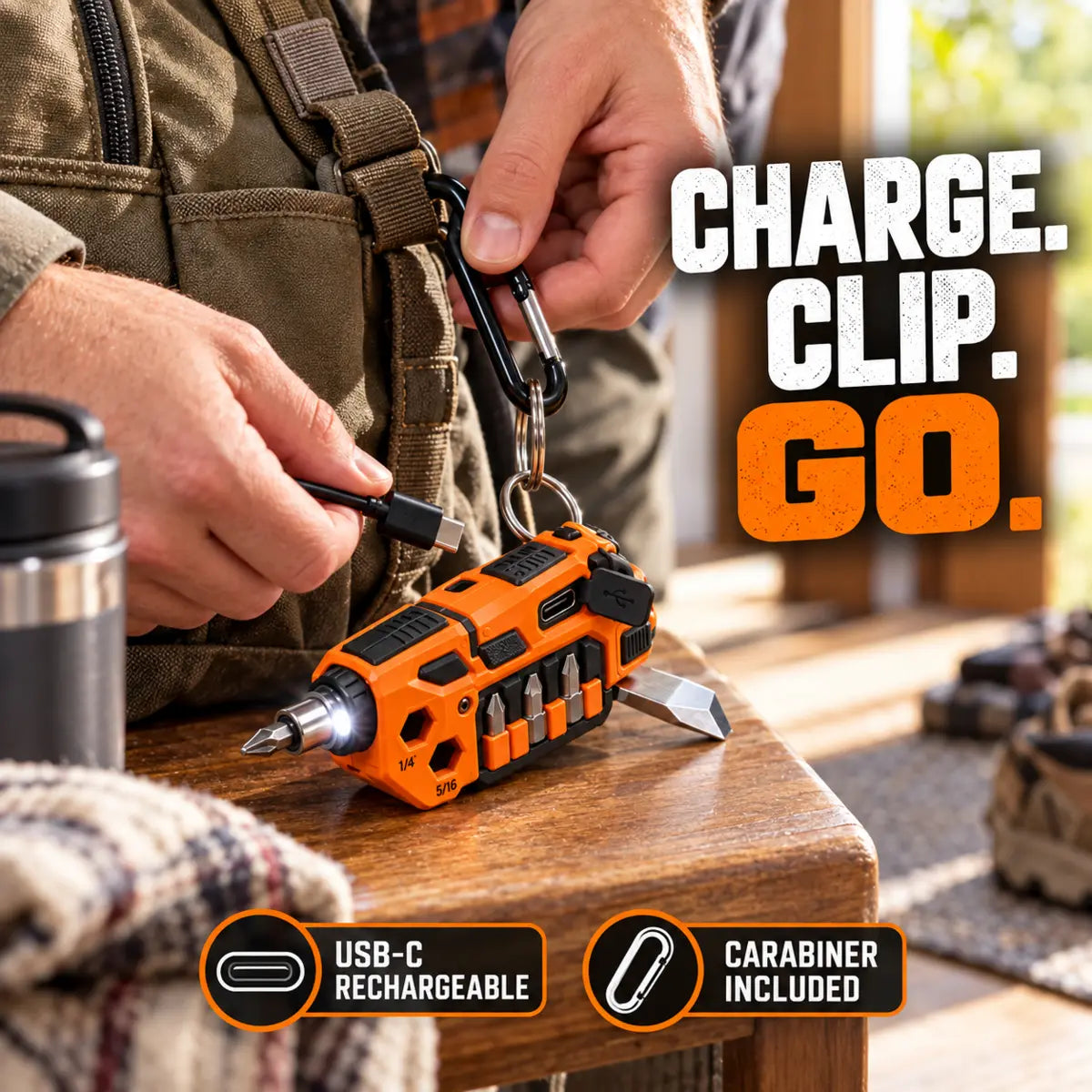 USB-C rechargeable keychain multi-tool clipped and ready to carry
