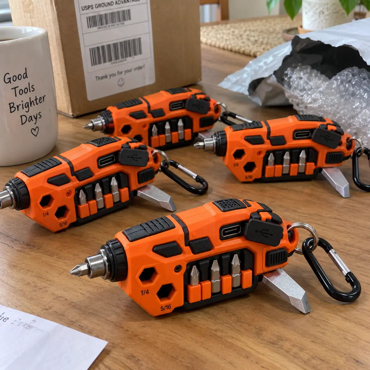 Customer-style photo showing multiple keychain tools after delivery