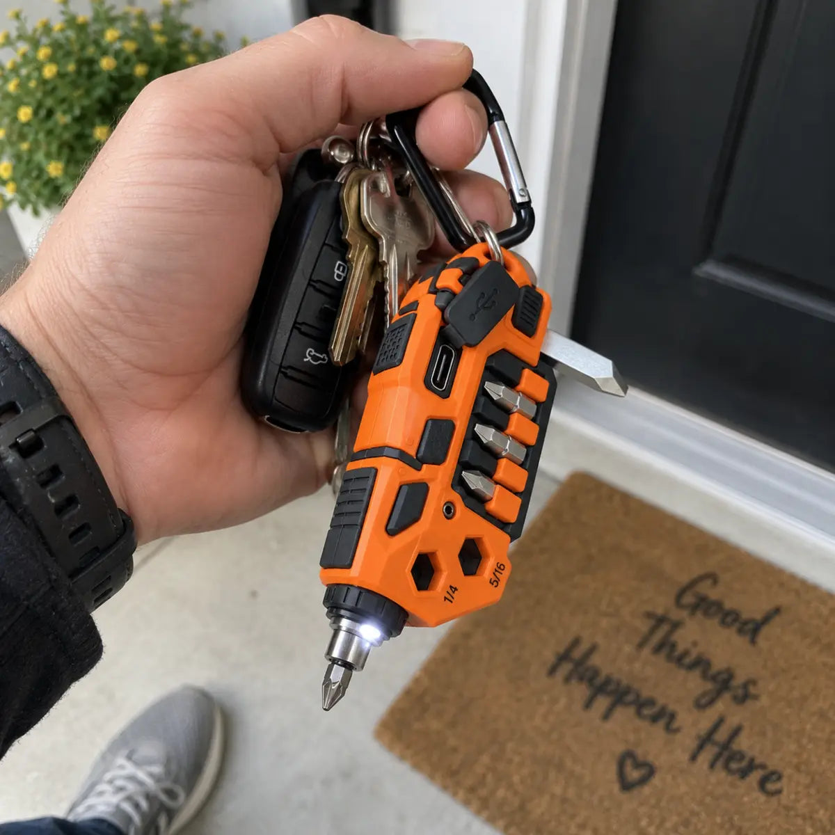 Customer-style photo showing the compact tool clipped to a keyring at the front door