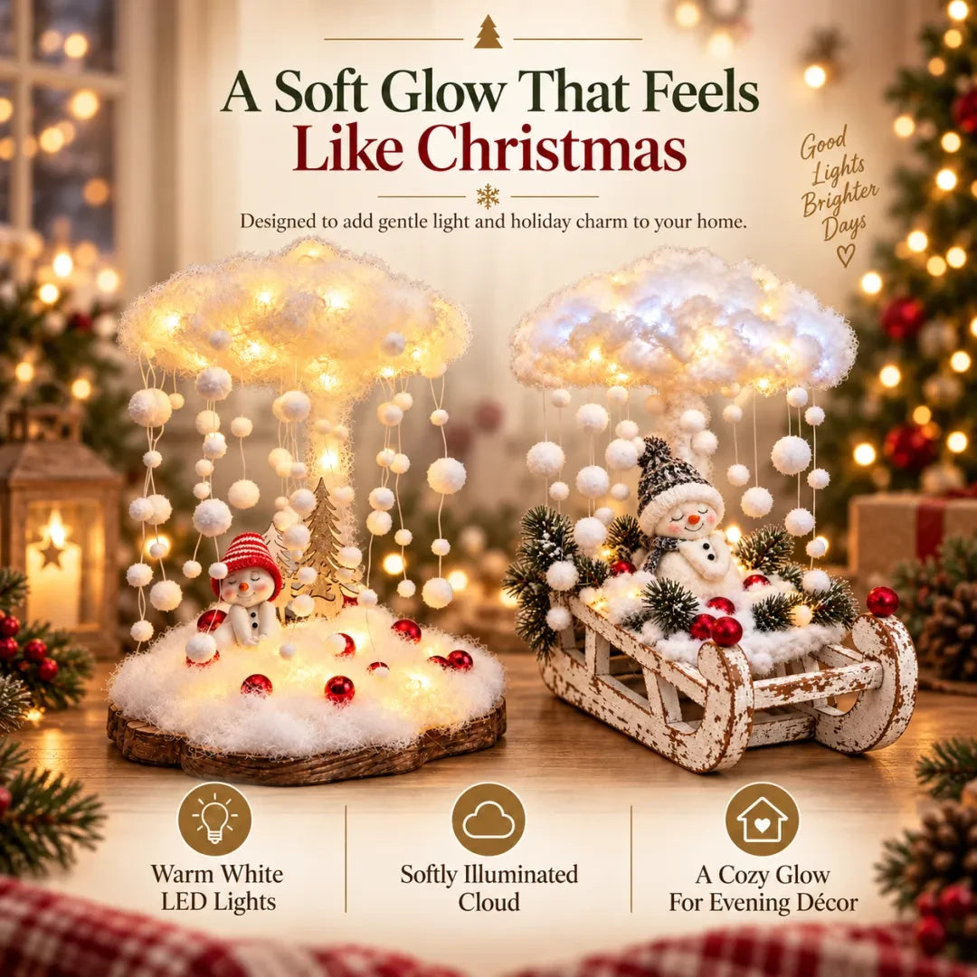 Lighted snowfall cloud snowman scene with warm white glow