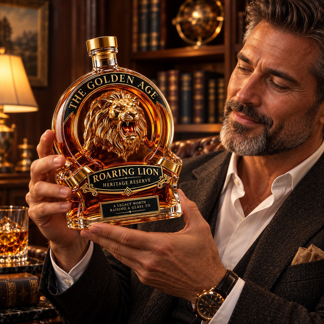 Roaring Lion Heritage Decanter shown in hand