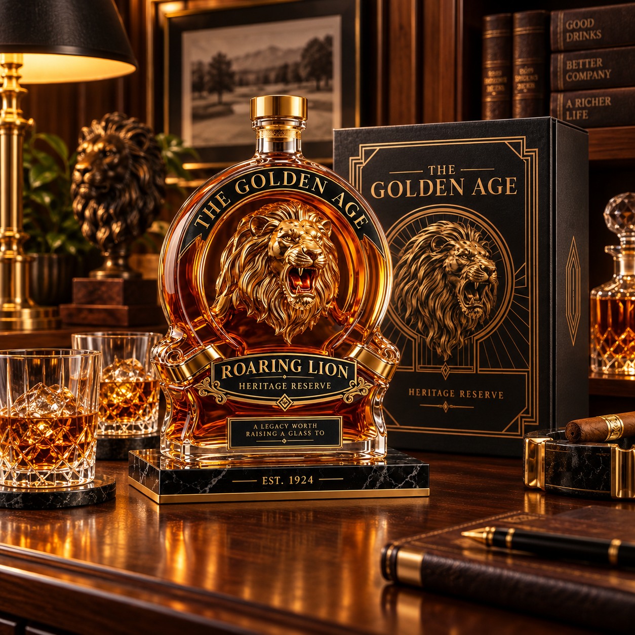 Roaring Lion Heritage Decanter displayed in a luxury home bar setting