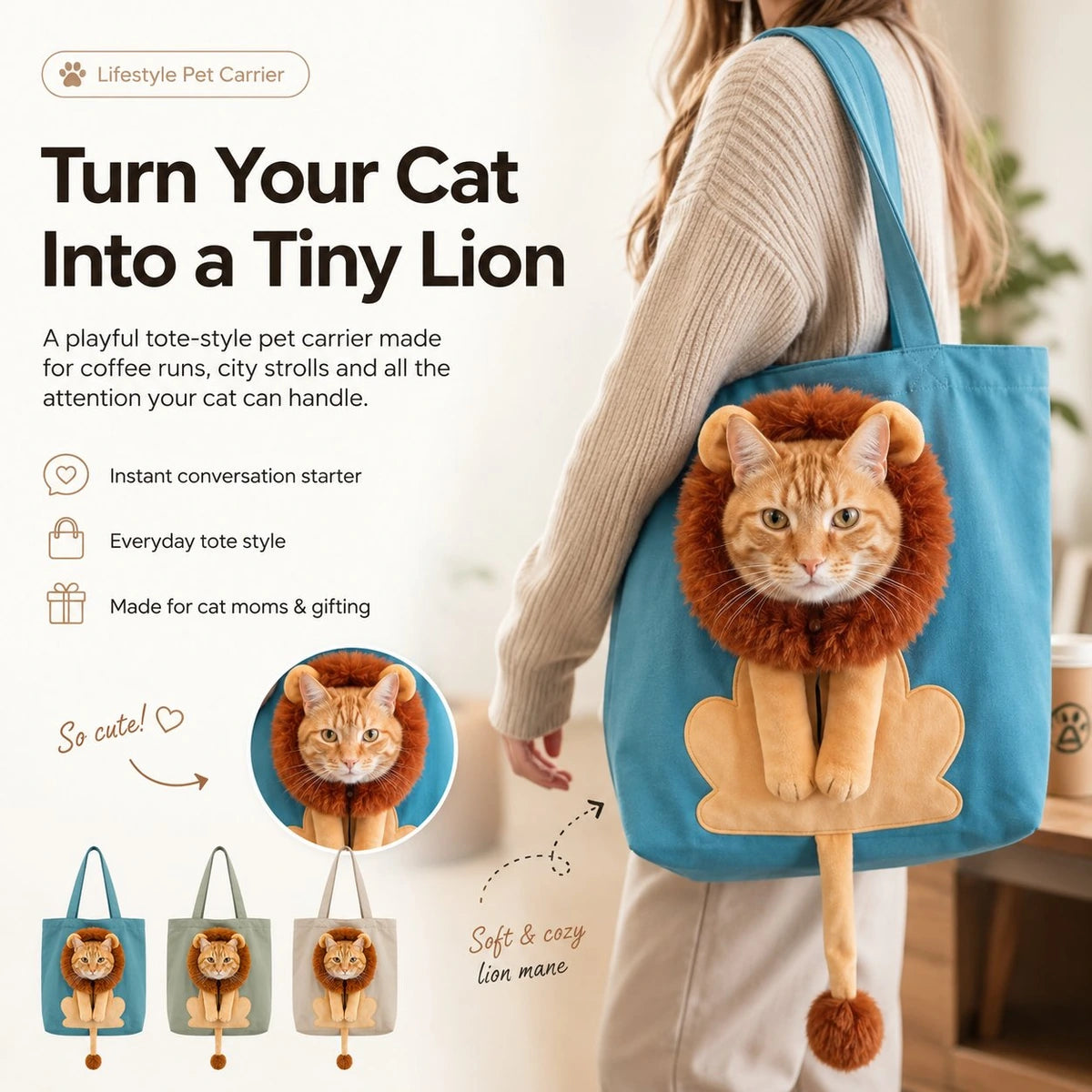Lion mane cat carrier tote used with cat peeking out