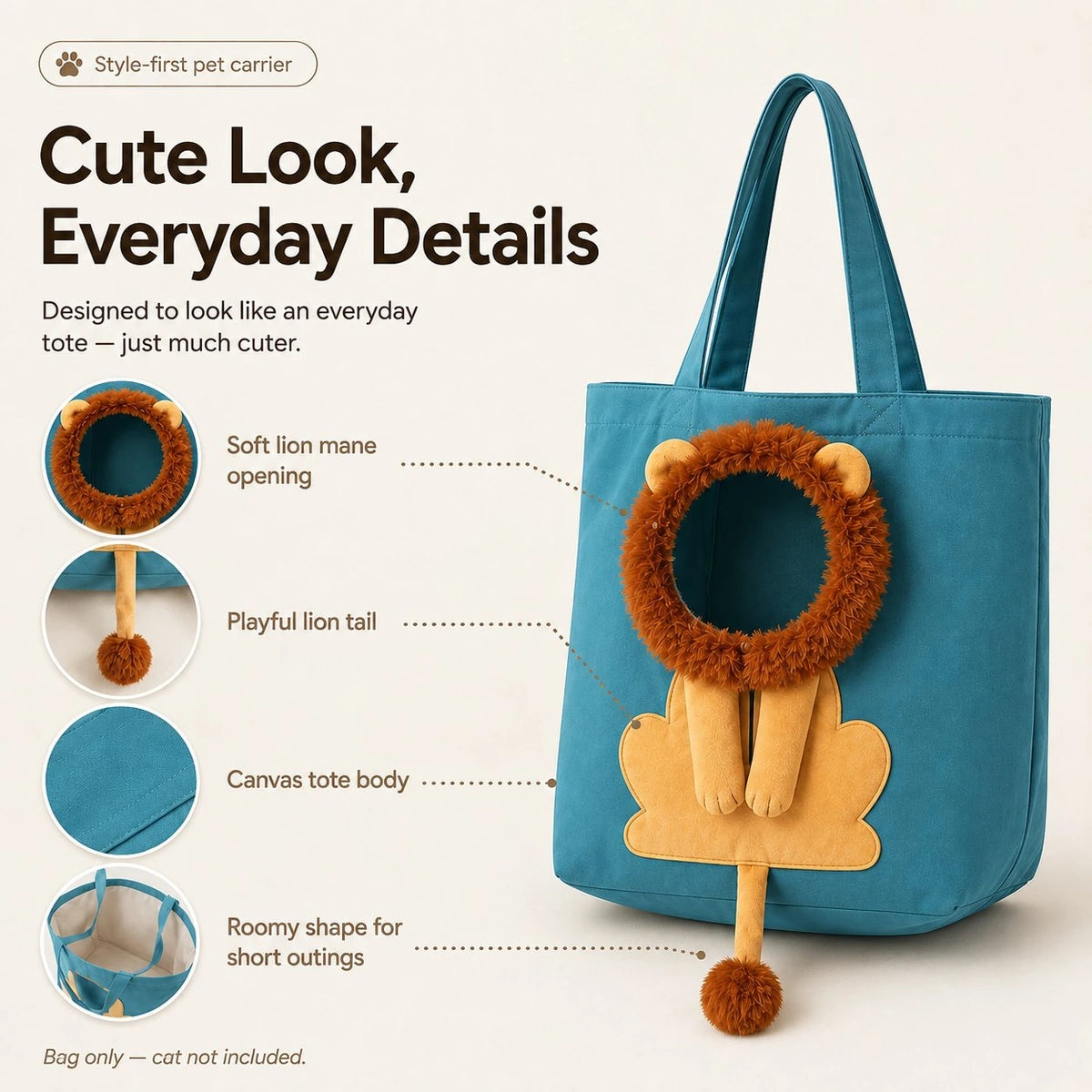 Lion mane cat carrier tote detail overview